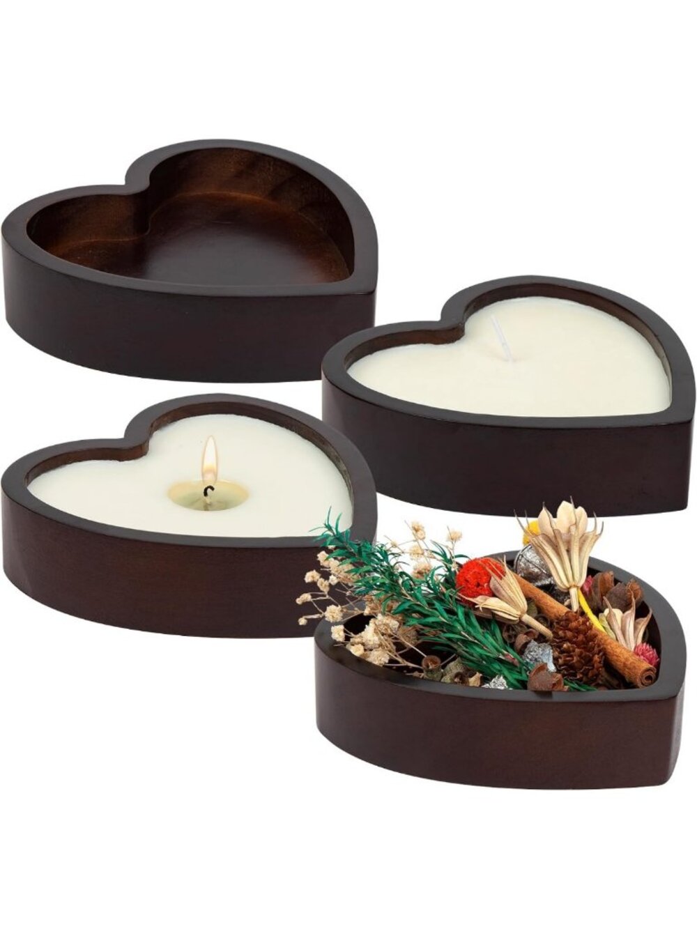 Set of 4 Rustic Heart-Shaped Bowls for Home Decor, DIY Candles & Valentine's